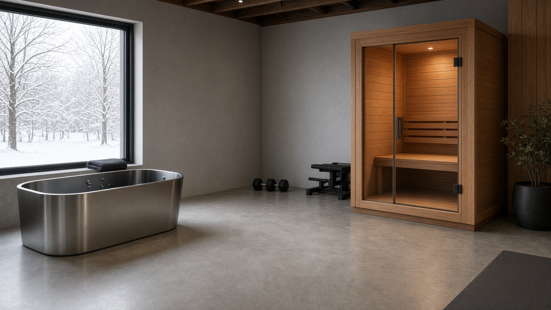 Cold plunge and sauna setup in a garage